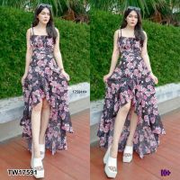 Garden Clothes ชุดเดรส เดรสสายเดี่ยวผูกไหล่ ระบายหางปลา สีดำ