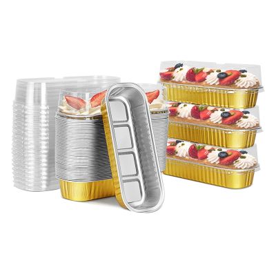 50Pcs Disposable Mini Loaf Pans with Lids Aluminum Foil Narrow Cake Pans Rectangle Cupcake Baking Cups 6.8Oz