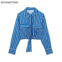 KEYANKETIAN Spring New Knotted Lace-Up High Waist Short Striped Shirt Womens Casual Style Long-Sleeved Patchwork Color Top Thin