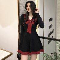 【Ladies shop】 Bow Turn Down Collar KnittedWomen Long Sleeve BlackDress High Waist PartyOfficeKoreanX391