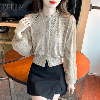 REHIN เสื้อผู้หญิง,ฉบับภาษาเกาหลีชั้นนำตาข่ายกลวงแขนยาวความรู้สึกออกแบบแฟขั่น