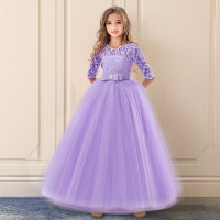 TOP☆New Princess Lace Dress Kids Flower Embroidery Dress for Girls Vintage Children Dresses Wedding Party Formal Ball Gown 5-14 Years