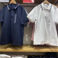 UNIQLO เสื้อยืดแขนสั้นคอปกสำหรับทั้งหญิงและชายแถบตกแต่งเสื้อโปโลลำลองแห้งเร็วสำหรับฤดูร้อน Y457905