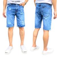 TPPJEANS SNOW Shorts Mens กางเกงยีนส์สามส่วนชาย สีบลูฟอกสโนวแต่งขาด งานตัดเย็บอย่างดี ใส่สบาย เป้ากระดุม Size 28-36 รับชำระปลายทาง