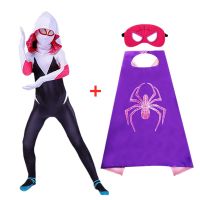 2023 Kids Black Costume Girls Gwen Superhero Bodysuit Halloween Cosplay Jumpsuit Kids Purple Cape Dress Up Kids Masks