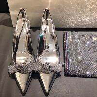 Cross-border high-heeled pointed fashion shoes after metal diamond bow empty slippers baotou heel sandals