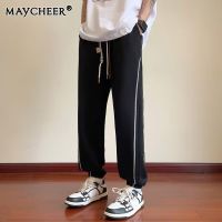 MAYCHEER กางเกงสเวตเตอร์ขาตรงของผู้ชายทรงหลวมยืดผูกเชือกกางเกงขายาวลำลอง