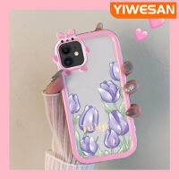 YIWESAN เคสแฟชั่นติดโบว์สำหรับ iPhone 12 iPhone 12 12 Pro Max,เคสแฟชั่นลายทิวลิปมอนสเตอร์น้อยสีม่วงเคสนิ่มทนต่อการขีดข่วนเคสโทรศัพท์โปร่งใสซิลิโคน TPU ฝาครอบป้องกันเลนส์กล้องถ่ายรูป