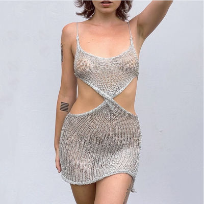 Y2k ถักมินิเดรสสำหรับสตรีฤดูร้อนแขนกุด Backless Sundress Retro Sweet Party ชุดซีทรู Beach Night Clothes