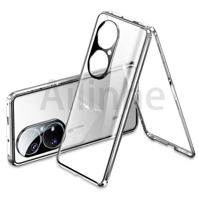 สำหรับ Huawei P50 Pro Case Ultra Thin Body กรอบโลหะกระจกนิรภัยใสสองด้านพร้อมเคสป้องกันกล้อง