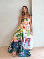 【hot】○☍✣  Print Colorful Womens Sundress Waist Spaghetti Straps Backless A-line Ladies Beach Vacation Robe