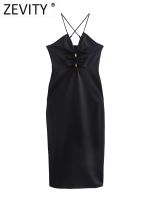 【YF】 Zevity Women Sexy Spaghetti Strap Open Design Hollow Out Halter Midi Dress Female Chic Back Zipper Black Vestidos DS1294