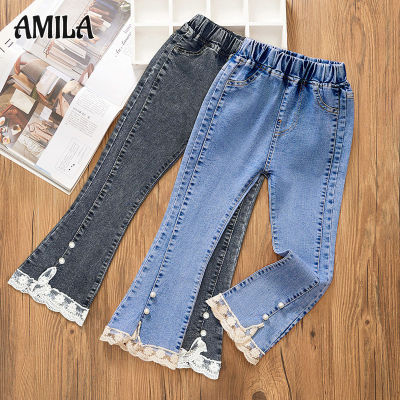 AMILA กางเกงยีนส์สำหรับเด็กผู้หญิง,กางเกงยีนส์ขาบานทรงหลวมลำลองขนาดกลางและใหญ่