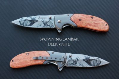 มีดพับด้ามไม้ลายเขากวาง BROWNING SAMBAR DEER KNIFE.