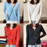 ?Korean Fashion?เสื้อไหมพรม คอวี แขนยาว คาร์ดิแกน กระดุมใหญ่ สีพื้น มี 4 สี แฟชั่น