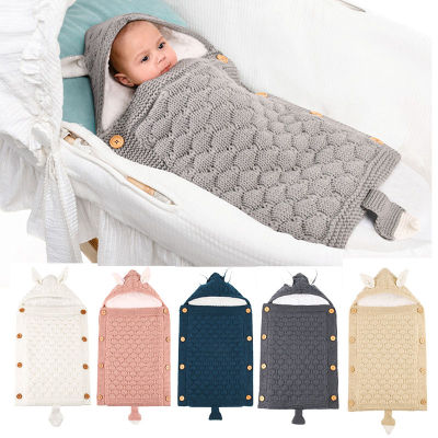 Baby Stroller Sleeping Bags Newborn Swaddle Wrap Sleepsack Winter Envelope Infant Kid Button Knit Crochet Solid Warm Sleep Sack
