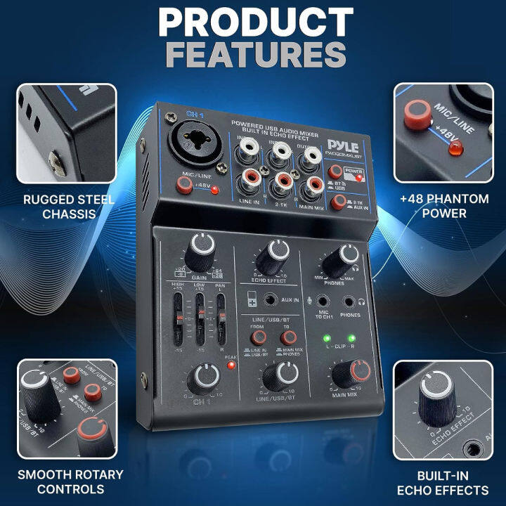 pyle-professional-wireless-dj-audio-mixer-3-channel-bluetooth-dj-controller-sound-mixer-w-usb-audio-interface-combo-jack-xlr-6-35mm-mic-line-guitar-in-3-5mm-rca-aux-headphone-jack-pad33mxubt