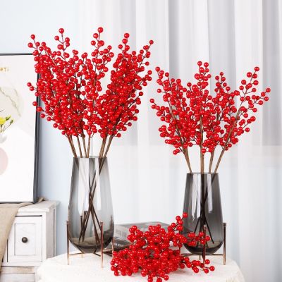 ช่อดอกไม้ปลอม ก้านเบอรี่ สีแดง สไตล์ฮอลลี่ คริสต์มาส งานฝีมือ DIY 65 ซม. สําหรับตกแต่งบ้าน 5211033▲☬✸
