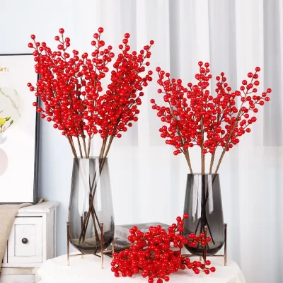 ช่อดอกไม้ปลอม ก้านเบอรี่ สีแดง สไตล์ฮอลลี่ คริสต์มาส งานฝีมือ DIY 65 ซม. สําหรับตกแต่งบ้าน 【QYUE】
