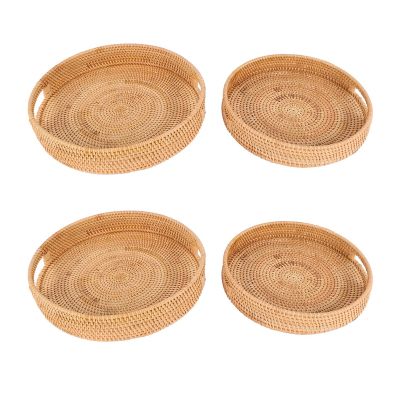 Rattan Handwoven Round High Wall Severing Tray Food Storage Plate over Handles for Breakfast (Set of 4:S+L)