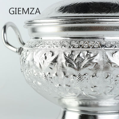 GIEMZA Big Tin Bowl Tableware Tom Yum Kung Tin Flower Pot and Spoon Thailand Dessert Soup Container with Lids Candle Storage