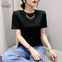 YIMEI Slim สีดำเสื้อยืดผู้หญิง2023ฤดูร้อนดีไซน์ใหม่ความรู้สึกขนาดเล็กสร้อยคอตัวอักษรคอกลมเสื้อคอตตอนผู้หญิงเสื้อยืด