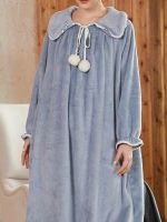 onlcicn Ruffle Plush Nightdress, Court Style Long Sleeve Pompom Decor Pajama Dress, Womens Sleepwear &amp; Dresses