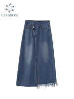 2022 Summer New Womens Long Denim Skirt Vintage Irregular High Waist Jeans Skirt Female Straight Side Split A-line Pencil Skirt