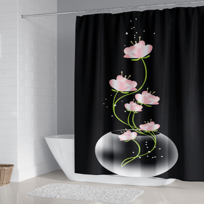 [In stock] ม่านอาบน้ำพื้นดำม่านอาบน้ำดอกบัวชุดม่านอาบน้ำโพลีเอสเตอร์พิมพ์ดิจิตอลม่านห้องน้ำแบบไม่เจาะรู