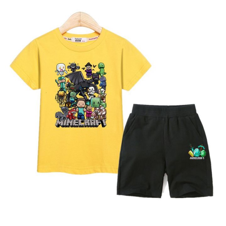 เสื้อผ้า-minecraft-เด็กเสื้อยืดและกางเกงขาสั้น-2-piece-suit-kid-clothes-minecraft-boy-set