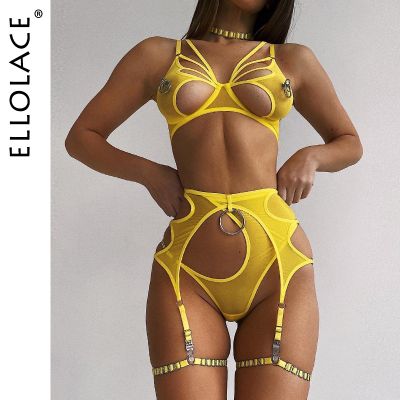 【CC】∏❁❆  Ellolace Cut Out Erotic Brief Sets 4-Pieces Garters G-Strings Thongs Set