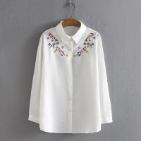 【มีไซส์ใหญ่】Plus Size Long Sleeved Striped Tops Women Floral Embroidery A-line Spring Autumn New Blouses Ladies Button Up Top