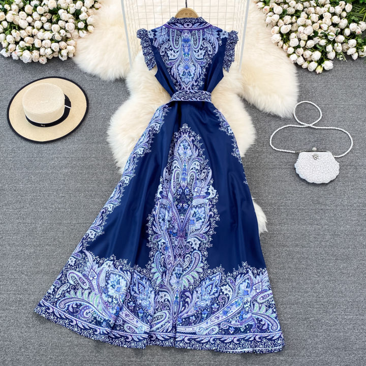gorgeous-retro-palace-style-goddess-fan-celebrity-temperament-single-breasted-lapel-printed-dress-elegant-a-line-long-skirt-2022-new