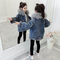 Spring Winter Faux Fur Collar Thicken Plush Girl Denim Jackets Warm Coats Children Clothing Kids Teenage Outerwears High Quality