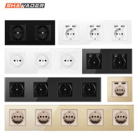 เต้ารับไฟฟ้า 2/3/4/5 Way EU Plug Outlets 220V 16A Crystal Glass Panel Multi Jack USB Charge for Home Office-Cgefeng