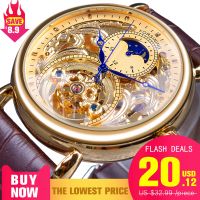 ZZOOI Forsining 2018 Royal Golden Skeleton Display Blue Hands Brown Genuine Leather Belt Mens Mechanical Wristwatches Clock Male