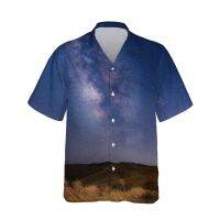 ♦เสื้อลำลองหลวมใหญ่กว่าปกติผู้ชายลายดาวบนท้องฟ้าเสือภูเขา3D สีสันสดใสใหม่22-23เสื้อฮาวาย3d ลายทิวทัศน์กลางคืน
