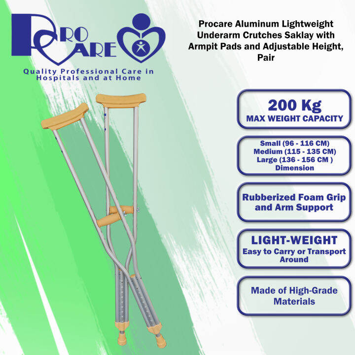 Procare Aluminum Lightweight Underarm Crutches Saklay with ArmpitPads and Push Lock Button