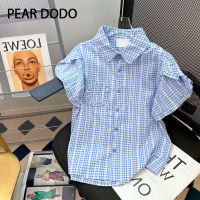 PEAR DODO เสื้อชีฟองมีฟองเสื้อยืดแขนสั้นลายตารางหมากรุกสไตล์เกาหลีสำหรับผู้หญิง