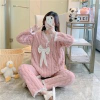 Winter New Warm Flannel Womens Pajamas Set Long-sleeved Trousers Cute Soft Home Wear Sleepwear Pyjamas Clothes for WomenTH