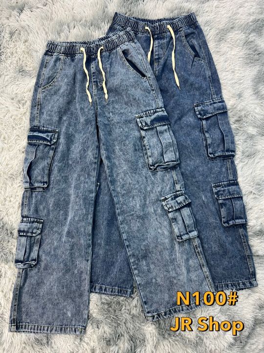 กางเกงยีนส์คาร์โก้แฟชั่นนำเข้าสไตล์เกาหลี-กางเกงยีนส์เอวสูง-กางเกงยีนส์ขายาววินเทจขากระบอกเอวยางยืดฟรีไซส์-ยืดเยอะ