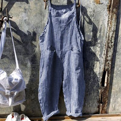 Vintage Striped Baggy Jumpsuit สําหรับผู้หญิงลําลองขากว้างหลวม Rompers พร้อมกางเกงกระเป๋าขนาดใหญ่ฤดูร้อนโดยรวมเสื้อผ้า Playsuit✄