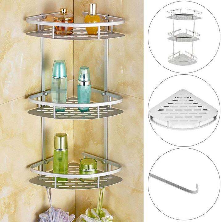 3 Tier Shower Shelf Bathroom Corner Rack Aluminium Storage Towel Bar