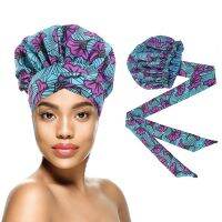 【CW】African Print Satin Bonnet with Long Ribbon Wrap Double Layer Headwrap Ankara Pattern Women Hair Cover Large Size Hair Wrap Cap