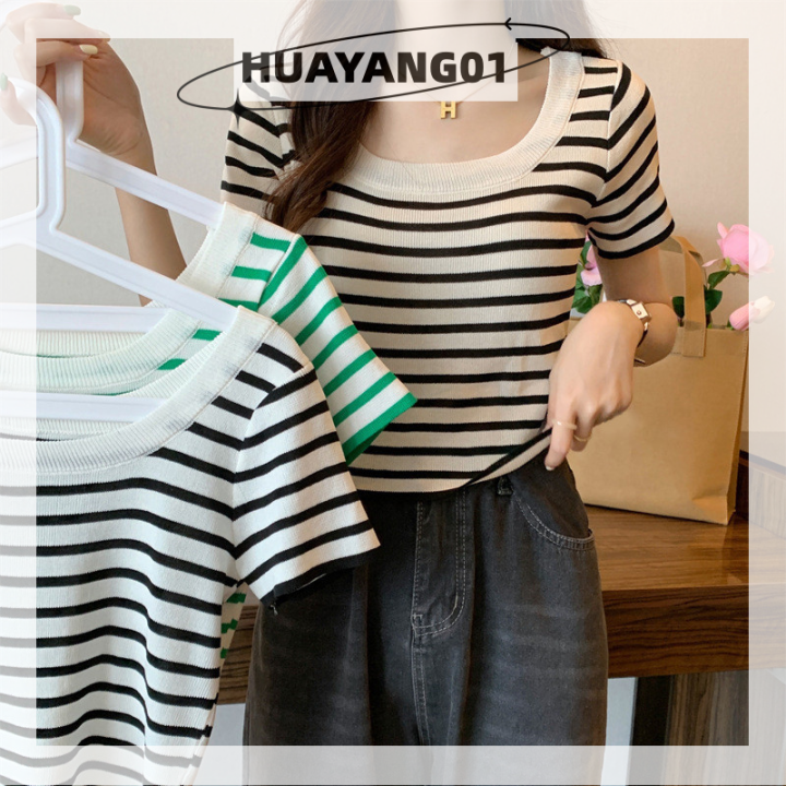 huayang01-2023-new-hot-fashion-lazlook-เสื้อยืดถักแขนสั้นลายทางสำหรับผู้หญิงเสื้อครอปลำลองคอเหลี่ยมวินเทจสำหรับฤดูร้อน