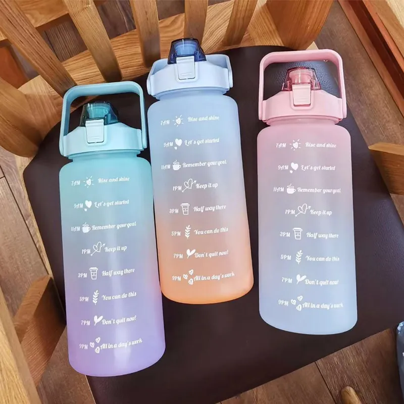 2L Sports Stickers Water Bottle Large Capacity Straw Gradient