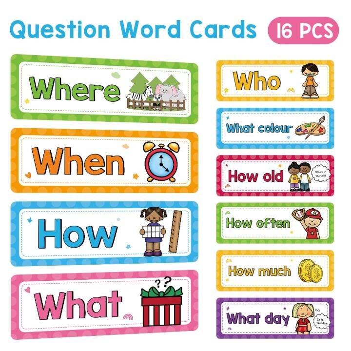 16PCS WH Question Words Flash Catds Set Grammar Educational Flashcards