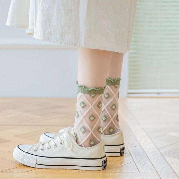 rerb-ถุงเท้าขนถุงเท้าผ้าไหมแก้วถุงเท้าหลอดผู้หญิงผ้าลูกไม้ลายดอกไม้บางพิเศษถุงเท้าขนฟูนุ่มหวานเกาหลี