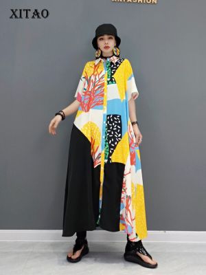 XITAO Dress Casual Temperament Women Shirt Dress Irregular Print Non Positioning Print -flower Color Random