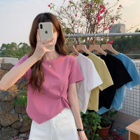 CHERRY.2439 พร้อมส่ง เสื้อยืดลําลอง คอกลม แขนสั้น สีพื้น สําหรับผู้หญิง แต่งชายเสื้อปลายแหลม